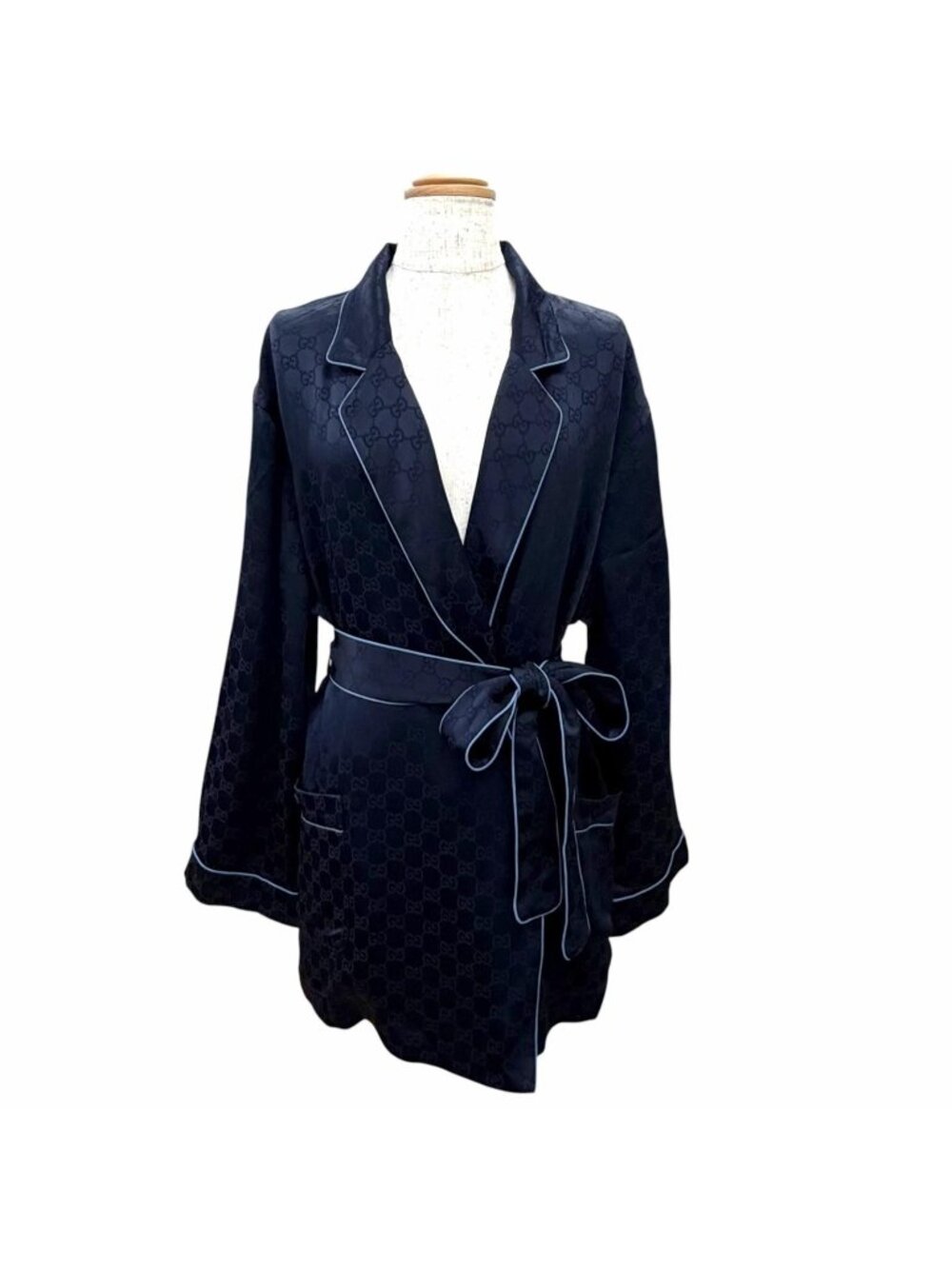 Gucci GG Pattern Belted Pajamas Nightwear Long Sleeve Shirt Navy 42